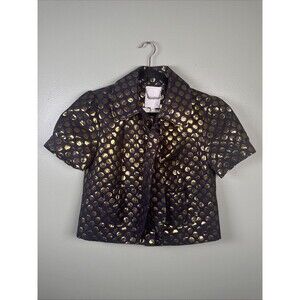 WALTER Cropped Button Tie Blazer Navy With Gold Metallic Polka Dots Women’s Sz 8